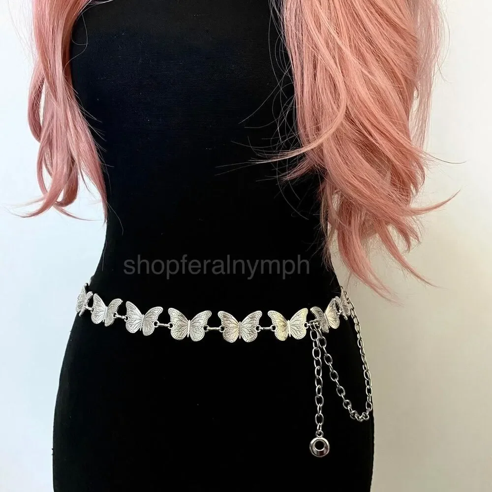 Silver Y2K Butterfly Fairycore Chain Belt, Fits 23-41.5 Inches, X7GA1276
